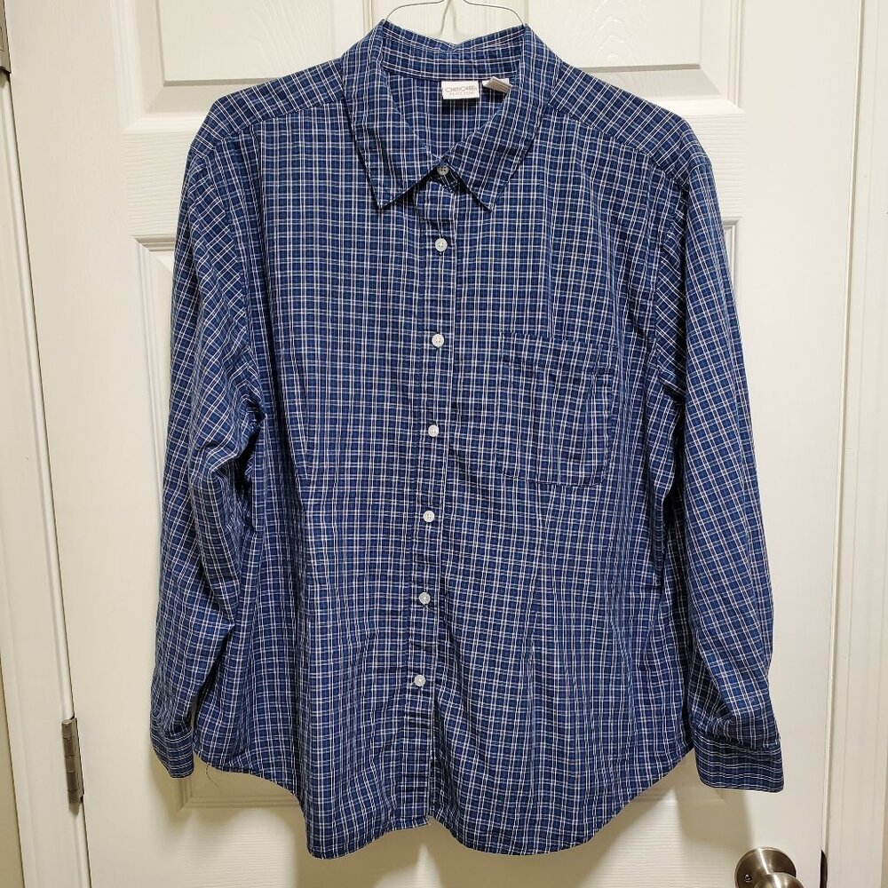 Navy Plaid Long Sleeved Button Down Blouse